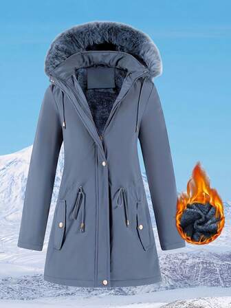 女士休闲简约百搭中长款外套，可拆卸帽子，纯色，户外保暖内衬，收腰设计，冬季款