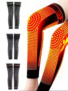 Set de 2 mangas de compresión transpirables y que absorben el sudor, soporte económico para rodillas y pantorrillas para sentadillas, correr, ciclismo, senderismo, esquí, baloncesto, tenis, excelente protección de las piernas, versión de autocalentamiento con moxa para el invierno, excelente regalo de Navidad y Año Nuevo para familiares y amigos - Naranja - Ver 1