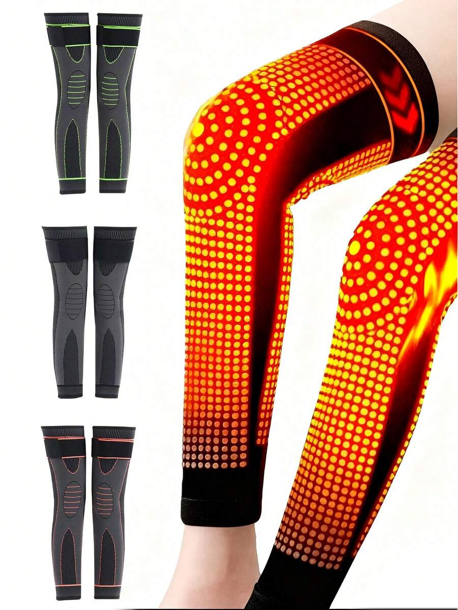 Set de 2 mangas de compresión transpirables y que absorben el sudor, soporte económico para rodillas y pantorrillas para sentadillas, correr, ciclismo, senderismo, esquí, baloncesto, tenis, excelente protección de las piernas, versión de autocalentamiento con moxa para el invierno, excelente regalo de Navidad y Año Nuevo para familiares y amigos - Naranja - Ver 1