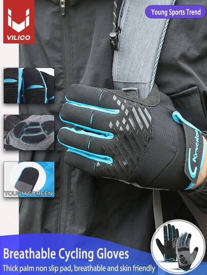Kyncilor Guantes deportivos de ciclismo para hombre y mujer, de dedos largos, antideslizantes, amortiguadores de impactos, resistentes al desgaste y transpirables, para uso en primavera y otoño en bicicleta de montaña. Disponibles en azul, negro y rojo con función de pantalla táctil.