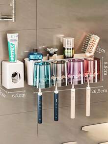 1 套壁挂式牙刷架，带 4/3/2 个防尘杯和牙膏分配器，多功能浴室收纳架，带自动牙膏分配器和杯子，免打孔浴室架，豪华浴室套装，浴室壁挂式收纳架，用于刷牙和存储，家用浴室配件