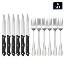 6set Stainless Steel Cutlery Set, Containing 6 Serrated Steak Knives And 6 Dinner Forks, Elegant Classic Design, , Mirror Polished, Dishwasher-, Suitable For Meat Cutting, Perfect For Parties, Weddings, Banquets, Outdoor Camping