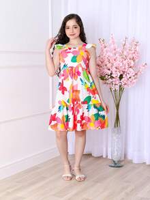 Short Printed Children's Tank Top Dress - 白色花卉 - 查看 4