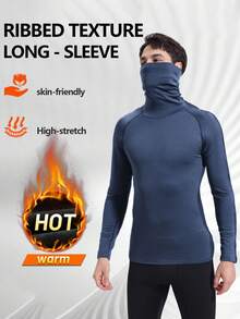 Men's Autumn/Winter Warm Thermal Lined High Neck Balaclava, Cold-Proof Face Protection Thermal Top