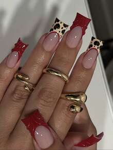 Bộ 24 móng tay giả dài hình quan tài, họa tiết da báo và viền đỏ kiểu Pháp, đường vân 3D, thích hợp cho Giáng sinh và Năm mới, là món quà dành cho các cô gái và phụ nữ. - Đỏ - Xem 3