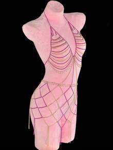 1pc Top + Skirt Metallic Dress, Shiny Crystal Tassel Body Chain For Beach, Party, Bikini