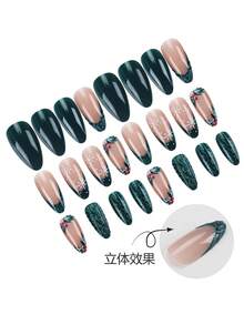 圣诞美甲 24 件按压式指甲杏仁/法国圣诞气氛、深绿色按压式指甲艺术、甜辣美甲艺术/完美贴合亚克力假指甲套装，包括 1 个果冻胶和 1 个指甲锉，适合女性日常工作、学习和秋冬季聚会美甲产品秋季指甲贴纸亚克力按压式指甲万圣节指甲 - 彩色 - 查看 3