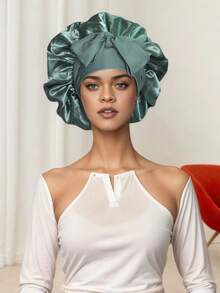 1PC Bowknot Lace Up Satin Bonnet Solid Color Elastic Sleeping Night Cap Lightweight Bath Cap Hair Bonnets For Women Girls Black Hair Sleep Cap,Summer,Beach,Hat - Pink NPSM49 - View 5
