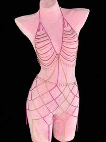 1pc Top + Skirt Metallic Dress, Shiny Crystal Tassel Body Chain For Beach, Party, Bikini