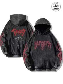 Men's Street Style Graphic Hoodie Sweatshirt, Slightly Stretchy, Slim Fit, Distressed Wash, Paired With Black Cotton Long Sleeve Pullover, Essential Casual Hoodie For Daily Wear And Back To School - Black - View 2