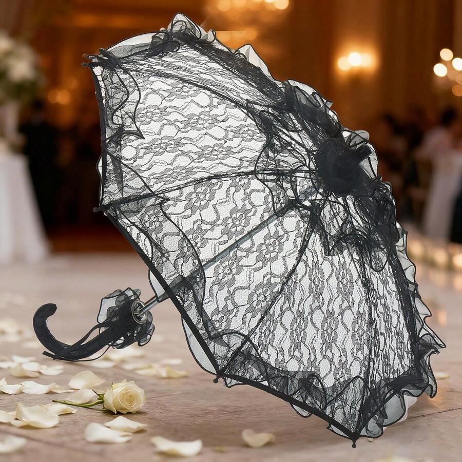 Vintage Lace Parasol Bridal Wedding Stick Umbrella For Photoshoot Victorian Style Party Accessory Props - 黑色 - 查看 1