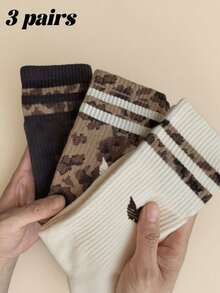 1/3/6 Pairs Women Leopard & Striped Pattern Mid-Calf Socks, Fashion Classic Comfortable Soft Breathable, Versatile For Daily Wear, All Seasons