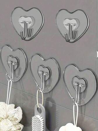 10 件强力粘性透明墙钩 - 休闲风格，易于安装，无需钻孔，塑料心形实用挂钩，可重复使用，适用于毛巾、衣服和钥匙 - 易于安装，无需钻孔，适用于厨房和浴室，壁挂式收纳整理器浴室装饰，秋季，万圣节，圣诞节