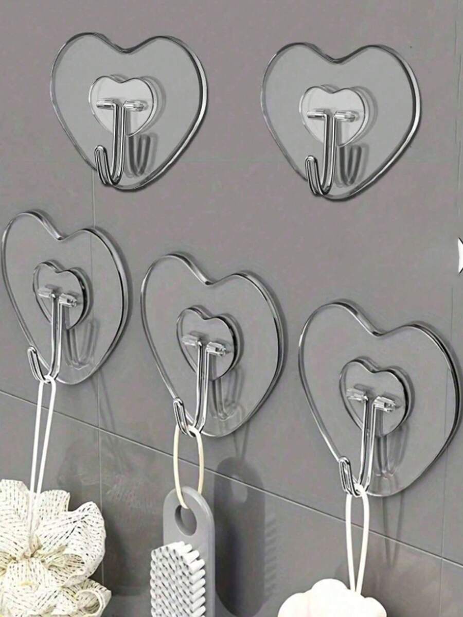 10 pièces Crochets muraux transparents puissants et adhésifs - Style décontracté, faciles à installer sans perçage, crochets pratiques en forme de cœur en plastique, réutilisables, pour serviettes, vêtements et clés - Installation facile sans perçage, convient pour la cuisine et la salle de bain, organisateur de rangement mural, décoration de salle de bain, automne, Halloween, Noël