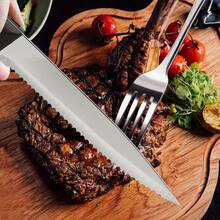 6set Stainless Steel Cutlery Set, Containing 6 Serrated Steak Knives And 6 Dinner Forks, Elegant Classic Design, , Mirror Polished, Dishwasher-, Suitable For Meat Cutting, Perfect For Parties, Weddings, Banquets, Outdoor Camping