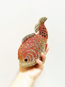 Dazzling, Brilliant, Elegant And Exquisite Super Mini Fish-Shaped Crystal Rhinestone Evening Clutch Bag, Adorned With Designer Exclusive Handmade Metal Crystal Handbag, Comes With Chain And Gift Box, Luxury Jewelry Design Diamond Clutch Bag, Suitable For Formal Occasions Like Gala, Ball, And Party, Perfect Choice For Ladies, Also An Ideal Gift For Wedding, Ball, And Banquet - 橘色 - 查看 2