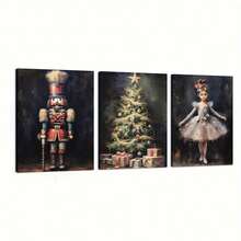 3pcs Vibrant Nutcracker & Christmas Tree Canvas Art Set - Posters & Prints With Waterproof, Wooden Framed, Ready-To-Hang Wall Decor For Living Room, Bedroom, Office, And More - Easy Installation, Perfect Holiday Gift Idea