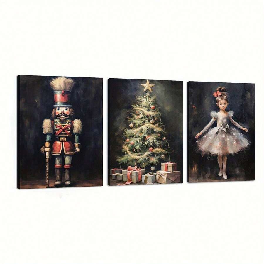 3pcs Vibrant Nutcracker & Christmas Tree Canvas Art Set - Posters & Prints With Waterproof, Wooden Framed, Ready-To-Hang Wall Decor For Living Room, Bedroom, Office, And More - Easy Installation, Perfect Holiday Gift Idea