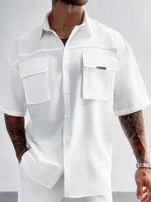 GloMan 男士实用复古风白色工装衬衫，带 3D 口袋，短袖宽松翻领，适合度假、户外和日常穿着，父亲节礼物，母亲节礼物 - 白色 - 查看 3