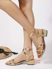 Shiny Rhinestone Embellished PU Leather Buckle Strap Casual Mid-Heel Beach Sandals For Women, Fashionable For All Seasons - Gold - View 13