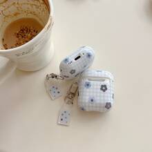 1 set husă de căști albastră în carouri și design floral, compatibilă cu Apple 1/2/3/4, husă de protecție pentru căști wireless Bluetooth Pro 2