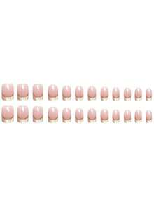 24pcs Short Square Nail Stickers, Nude Base Color With Glitter Tips And Gold Lines, Salon Quality, Easy To Apply, Set Includes 1 Bottle Of Nail Glue And 1 Nail File, Perfect For Office And Date Night. Nail Art Supplies - 彩色 - 查看 5