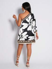 Amarilo Women's One-Shoulder Printed Dress, Tropical Rainforest Print Plus Tassel Skirt, Casual And Ladylike Style, Suitable For Daily Commuting And Vacation, New Spring And Summer Printed Dress