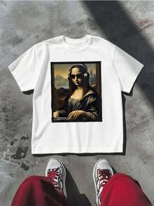 PLUS SIZE Mona Lisa Sunglasses Headphone Tee  Print T-Shirt Men's  Summer Casual T-Shirt,Breathable Cotton, Durable & Stylish, Unique Bold Print - White - View 2