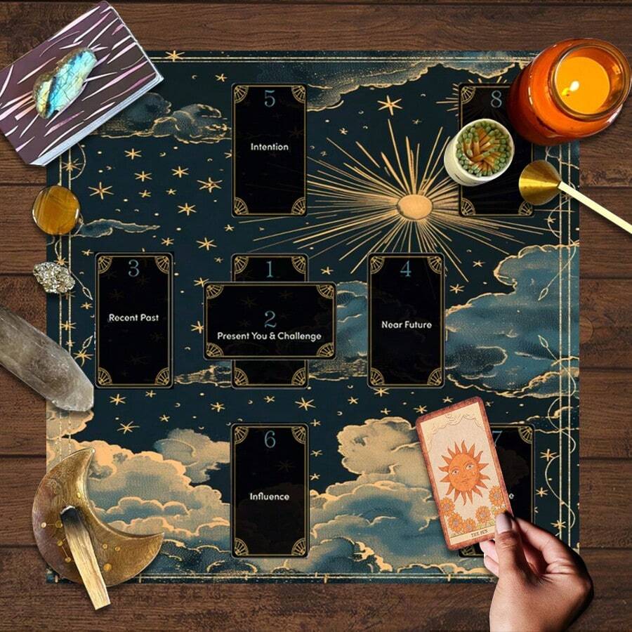 1pc Mystical Sun And Moon Tarot Reading Mat - Polyester Astrology Tablecloth With Zodiac Wheel, Crescent Moons, And Stars, Perfect For Home Decor Boho Playmat Cloth Astrology Decor - Multicolor - View 1