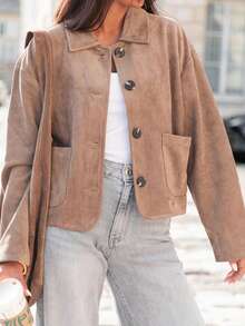 Women's Solid Color Faux Suede Fleece Pocket Button Front Casual Jacket, Suitable For Autumn And Winter - Khaki - View 7
