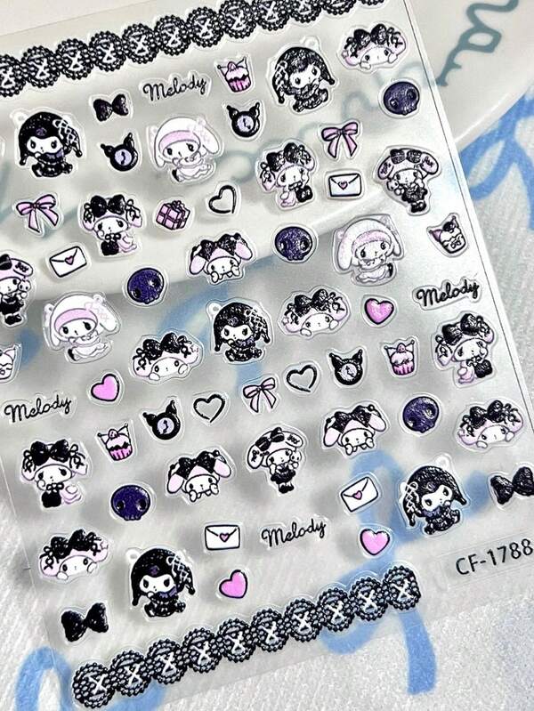 Sanrio Sanrio My Melody & Kuromi Sweet Goth Nail Decals, 3D Embossed Self-Adhesive Decor For Women, Cute Cartoon Nail Art With Heart & Envelope Embellishments