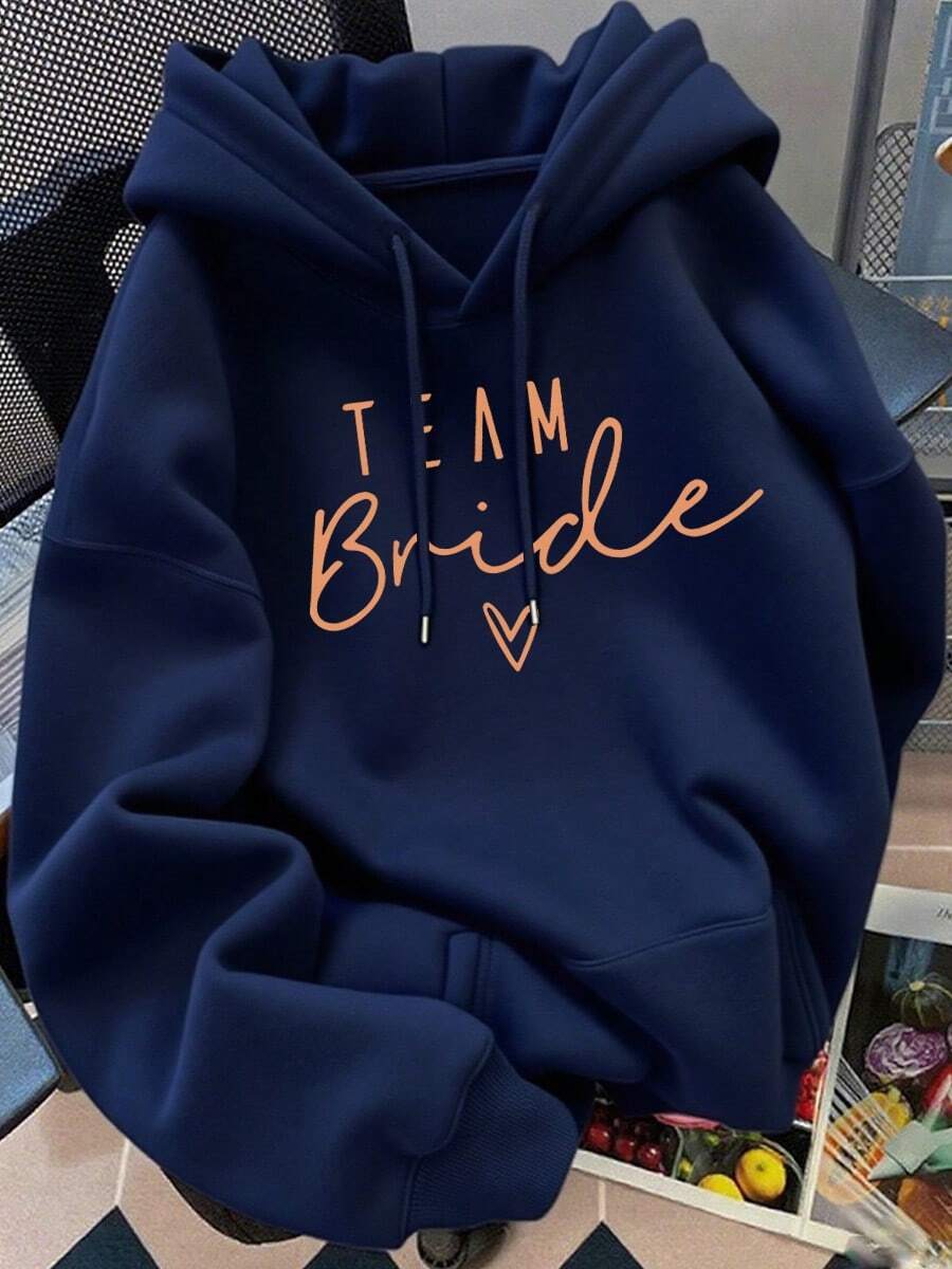 Sudadera con capucha, cordón y bolsillo canguro para mujer con estampado de monograma y corazón, primavera y otoño Sudadera deportiva informal holgada con capucha