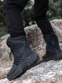 Men'S Fleece-Lined Mid-Calf Boots Snow Boots, Thermal Insulated Cold Weather Boots, Non-Slip TPR Sole & Lace-Up Design, Durable Outdoor Winter Boots, Gift For Men, Christmasgift, Stylish Winter Footwear - 黑色 - 查看 7
