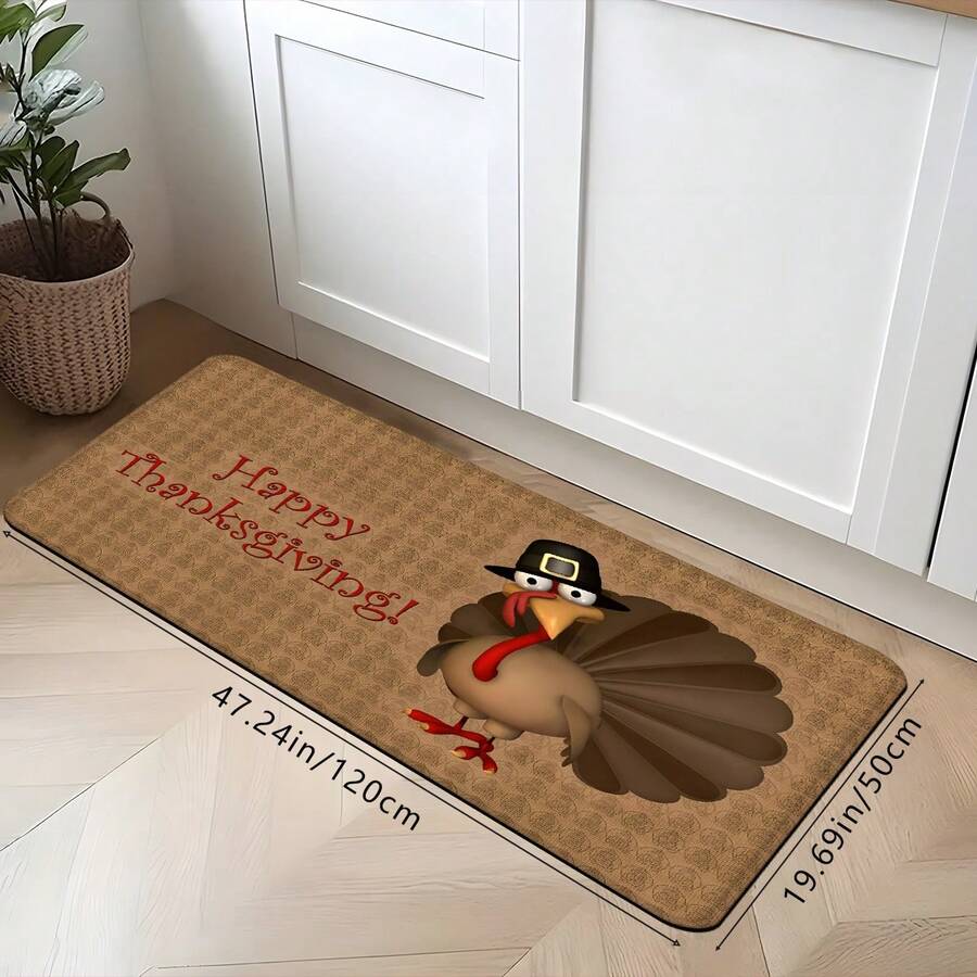 1 pièce Tapis d'entrée avec motifs d'impression de dinde/citrouille de Thanksgiving, rectangle en polyester absorbant et séchage rapide, convient pour la décoration intérieure et extérieure de la maison, de la chambre, de la salle de bain, de la cuisine et de la salle à manger, idéal comme cadeau d'anniversaire, d'automne, d'hiver, pour les fêtes et la cour
