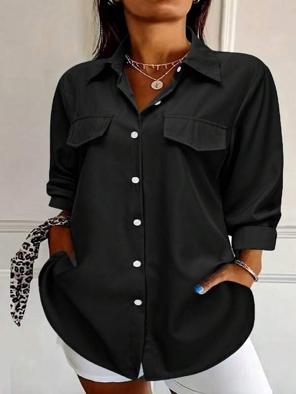 Solid Color Front Button Faux Pocket Office Lady Elegant Casual Personalized Long Sleeve Shirt