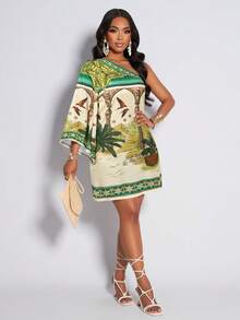 AIJ Amarilo 女士热带雨林印花流苏下摆休闲连衣裙，适合日常通勤和度假穿着，新款春夏花卉印花连衣裙，优雅时尚 - 綠色 - 查看 5