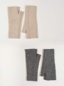 2 Paar einfarbige Acryl Fingerlose Handschuhe, warme gestrickte Halbfingerhandschuhe für Schule, Zuhause, Outdoor, Arbeit, Schreiben, Studenten, langer Bund, schlicht & modisch