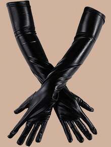 1 Paar verlängerte Lacklederhandschuhe, enge beschichtete Handschuhe für Ballsaal, Bühne, Partyauftritte - Schwarz - Übersicht 3