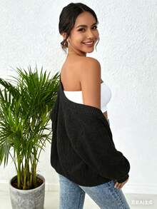 New Elegant Women's Solid-Color Front-Buttoned Knitted Cardigan Jacket For Work, Commuting And Dates - màu đen - Xem 2