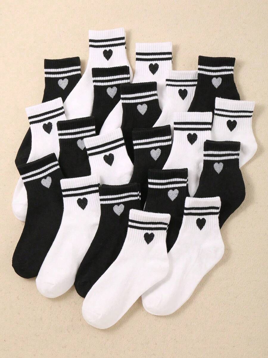 10双黑白双杠心形儿童袜子 运动袜 适合日常搭配/生活 男童女童（1-16岁） 透气 舒适 柔软 秋冬款 - 彩色 - 查看 1