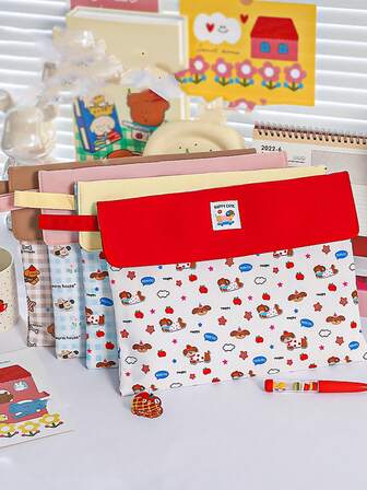 1 pièce Grand sac de classement en tissu doux, sac de rangement de documents format A4. Motif floral mignon. Sac de rangement de papiers à imprimé quadrillé classique. Sac de rangement de fichiers à motif pomme rouge. Sac de rangement de fournitures scolaires girly à double couche avec fermeture éclair. Sac de rangement de livres.