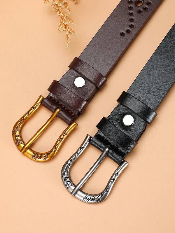 2pcs Casual Fashion Minimalist Vintage Style Hollow-Out PU Leather Belt For Women, Suitable For Daily, Party, And Outfit Matching