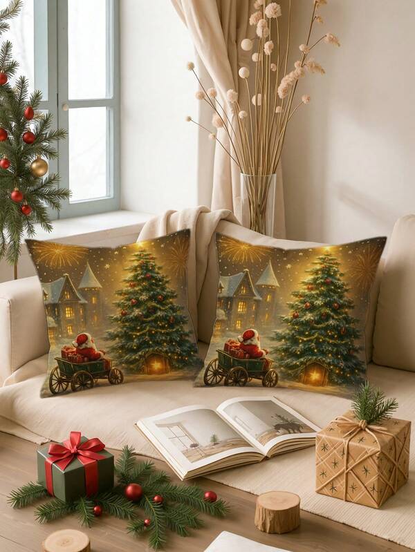 2 pièces Taies d'oreiller style Noël avec motif sapin de Noël et Père Noël. Taies d'oreiller pouvant être utilisées pour la décoration de la maison, convenant pour le canapé, le salon, la chambre, le lit, le canapé, la chaise, les coussins (sans inclure l'oreiller)