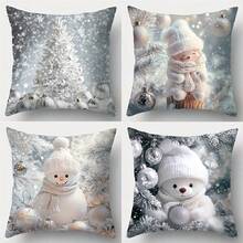 Contemporary Christmas Throw Pillow Covers - Polyester, Hand-Washable, Zippered, Woven Pillowcases - Snowy Scene, Snowman & Bear Designs For Living Room Sofa Decor - No Insert - Multicolor - View 7