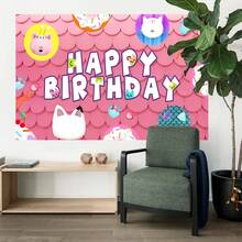 1 pièce Mignon toile de fond de décoration de fête d'anniversaire de Gabby's Dollhouse avec motif de chat rose - 210 x 13 cm / 150 x 100 cm / 100 x 75 cm, Adorable décoration murale de fête thème chat rose et blanc de Gabby's Dollhouse, décoration d'arrière-plan de table de gâteau pour baby shower