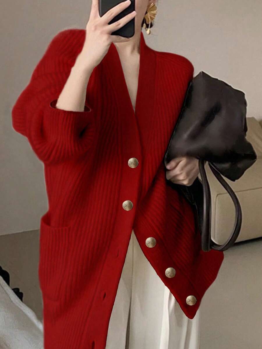 Alicedudu 女式修身竖条纹纹理简约针织开衫，秋冬 - 紅色 - 查看 1