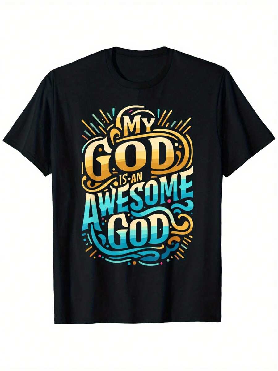 My God Is An Awesome God Inspirational Christian Apparel T-Shirt Men'S Cool Duck Graphic Black Casual Round Neck Short Sleeve T-Shirt 180g Fabric Weight 100% Cotton S-XXXL Perfect For Summer Outdoor Fun - 黑色 - 查看 1