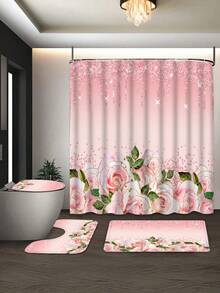 1/3/4 Piece Pink Elegant Rose Shower Curtain Set, Bathroom Window Curtain Shower Set, Shiny Bathroom Shower Curtain, Bathroom Set, Waterproof Shower Curtain, Bathroom Accessories, Bathroom Rug, U-Shaped Toilet Mat, Toilet Seat Cover, Bathroom Decor With 12 Hooks, Home Decor, Daily Decoration