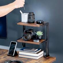 Clamp-on 13 pulgadas sobre o debajo de escritorio, unidad de estantería de 2 niveles para accesorios de mesa, dispositivos de juego y más, bandeja de almacenamiento, organizador de escritorio - Marrón Vintage - Ver 6