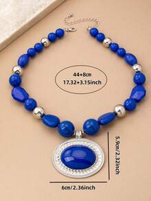 1pc Retro Western Bohemian Oversized Red Beaded Oval Pendant Metal Chain Necklace